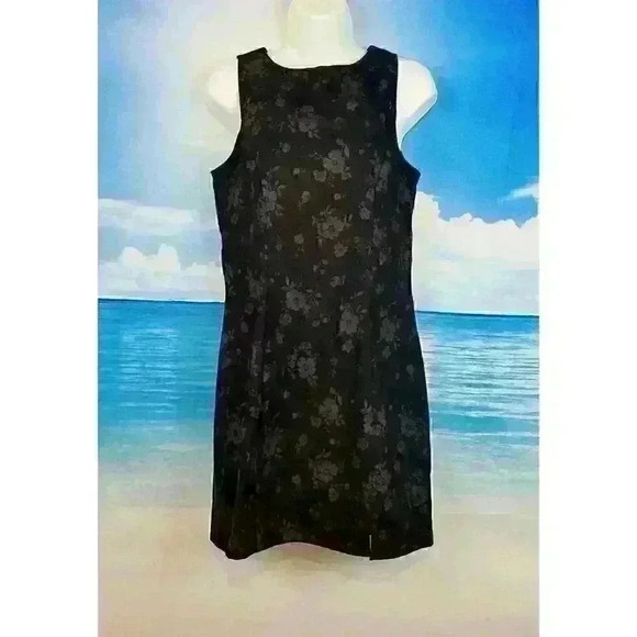 A FORTIORI Womans BLACK FITTED Dress FLORAL ASIAN Print STRETCH Zip Back size Lg - Picture 2 of 4